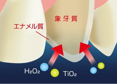 H₂O₂（過酸化水素水）とTiO₂（二酸化チタン）の働きで濃度が低くても漂白効果があります。