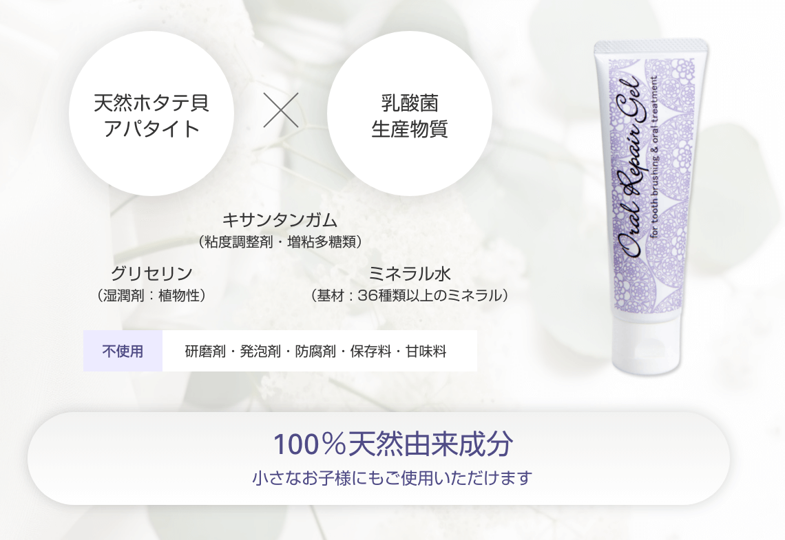 天然ホタテ貝アパタイト + 乳酸菌生産物質　キサンタンガム（粘度調整剤・増粘多糖類）グリセリン（湿潤剤：植物性）ミネラル水（基材 : 36種類以上のミネラル）【不使用】研磨剤・発泡剤・防腐剤・保存料・甘味料　100％天然由来成分 - 小さなお子様にもご使用いただけます