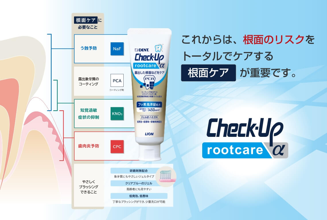 これからは、根面のリスクをトータルでケアする根面ケアが重要です。Check-Up rootcare α