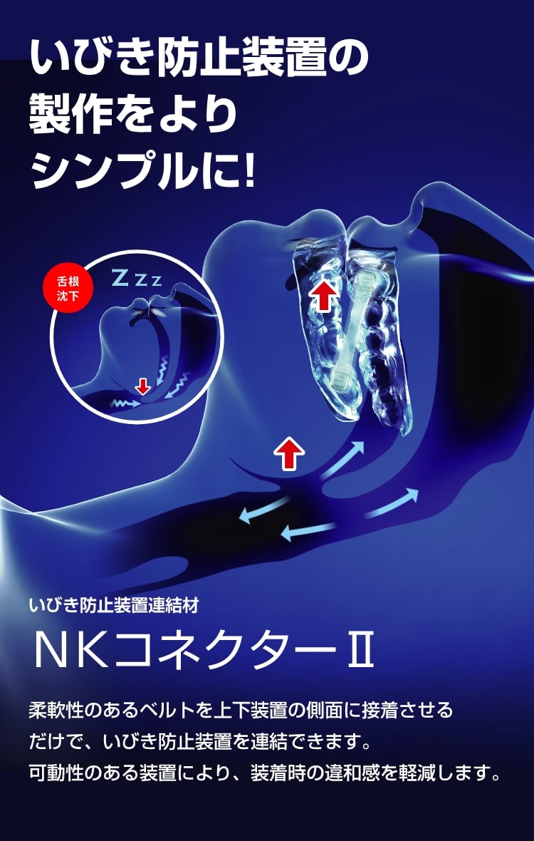 いびき防止装置の製作をよりシンプルに! NKコネクターⅡ 柔軟性のあるベルトを上下装置の側面に接着させるだけで、いびき防止装置を連結できます。可動性のある装置により、装着時の違和感を軽減します。